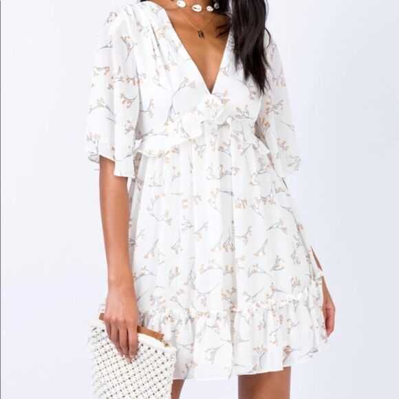 PRINCESS POLLY White Semi Sheer Floral Short Sleeve Open Back Mini Dress Size 2 - Picture 1 of 9